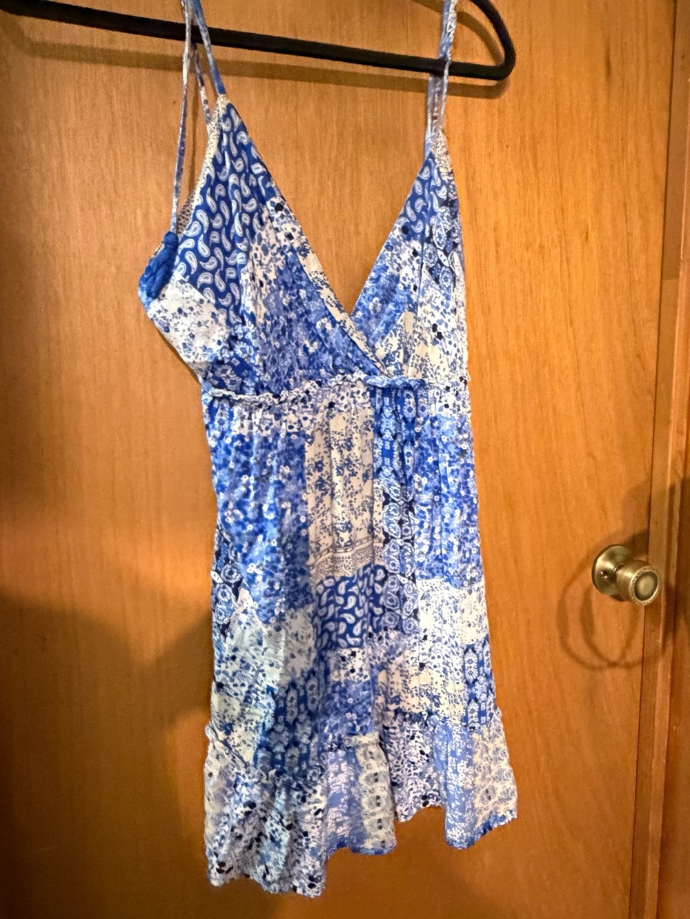 Blue Patchwork Print Spaghetti-Strap Mini Dress